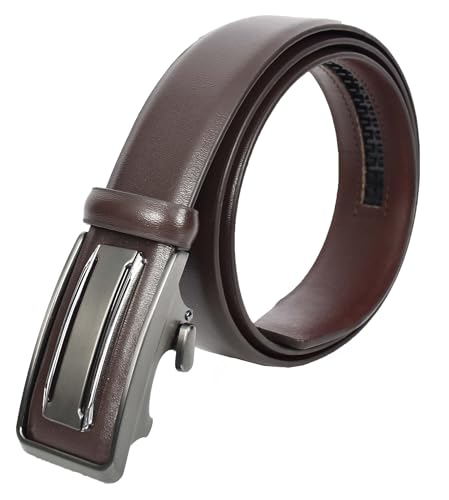Mens Real Leather Adjustable Ratchet Automatic Casual Buckle Belt For Dress Pant Jeans Luton, Brown, Length 112 cm, 38