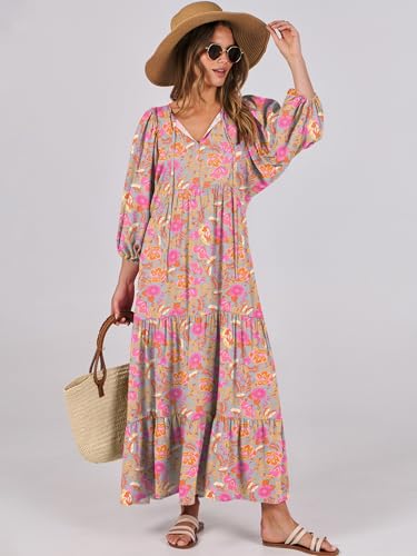 Image of ANRABESS Womens Boho Floral 3 /4 Puff Sleeve Maxi Dress