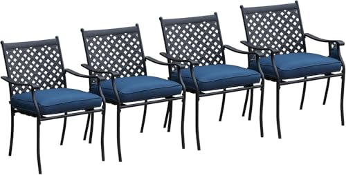 LOKATSE HOME 4 Piece Outdoor Dining Set - Wrought Iron Patio Metal Chairs with Armrest and Cushions for Garden Poolside Backyard, Blue