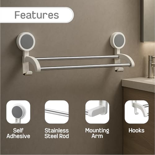 Image of JD FRESH Self Adhesive Double Towel Hanger in Bathroom /Wall-Mounted Towel Bar with Magic Sticker /Napkin Holder Bar for Bathroom and Kitchen (White)