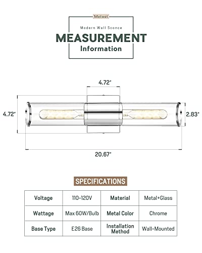 Image of Bathroom Vanity Light Fixtures, Chrome Wall Lights in Clear Glass Indoor Wall Sconce, Modern Wall Light Up and Down Wall Mount Lamp for Bathroom, Bedroom, Hallway, Kitchen, VL834-CH-CL