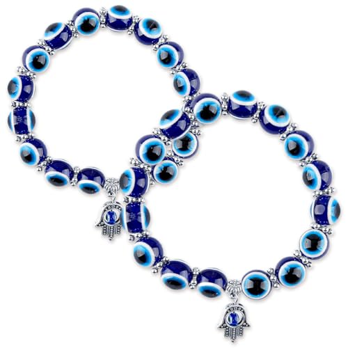 Lotsdonxia 2 Pcs Blue Fatima Turkish Evil Eye Beaded Charm Bracelet Stylish Protection and Blessing Charm for Couples Friends and Gift Giving