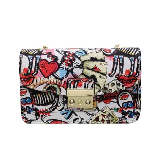Women’s Fashion Printed Shoulder Bag, PU Leather Graffiti Square Tote Purse, Ladies Vintage Painted Pattern Crossbody Bag (Red)