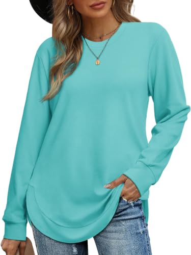 Image of OFEEFAN Womens Sweatshirt Crewneck Long Sleeve Shirts High Low Tops Curved Hem