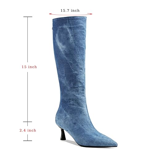 SHEMEE Women's Denim Knee High Boots Kitten Heels Pointed Toe Dress Jeans Mid-Calf Boots Zipper Tall Boots2