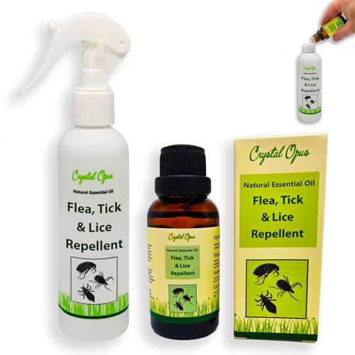 Flea Tick & Lice Repellent Spray Makes 30+ Bottles. Tried & Trusted Natural Essential Oil Blend. Humane Safe & Great-Smelling Deterrent for Dogs Cats & Other Animals. Crystal Opus