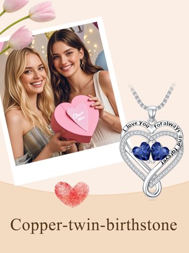 I Love You for Awlays and Forever Double Heart Necklace with Birthstone, 2 Birth Stone Jewelry Anniversary Valentines Mothers Day Christmas Birthday Gifts for Women Her Wife Girlfriend Mom Mother2