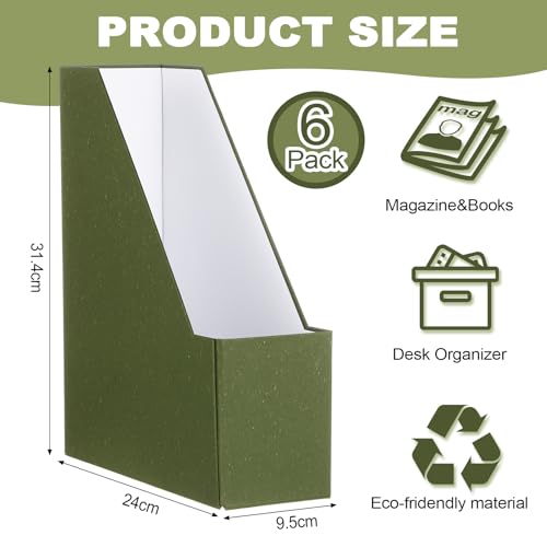 Gueevin Set of 6 Magazine File Holder Stylish Sturdy Cardboard File Boxes Desk Magazine Organizer Rack with Gold Label Holder to Organize Your Desk or Shelves for Home Classroom Office Library(Green) - Image 3