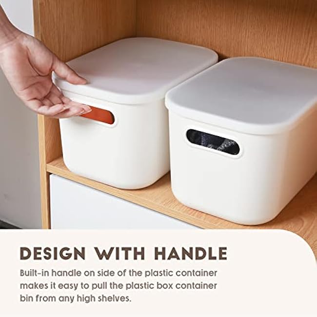Tuanse 8 Pieces White Plastic Storage Bins with Lids, Stackable Storage baskets with Handle Containers Box for Shelves Drawers Desktop Playroom Classroom Office Organization(7.3 x 10.2 x 6.5 Inches)