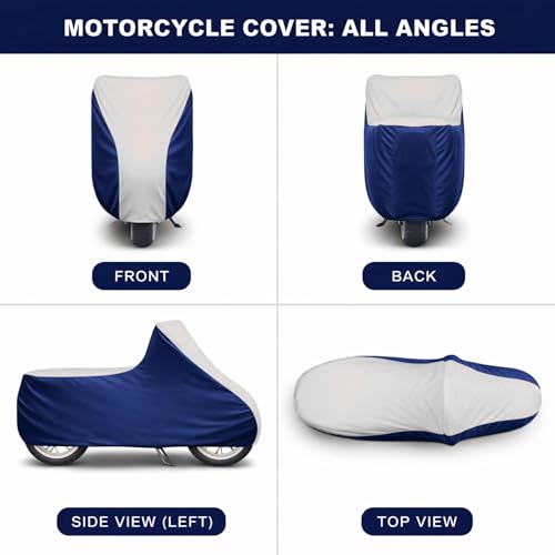Image of 6X6 Heavy Duty Bike Cover for Hunter 350, Dual Tone White & Blue, All-Weather Protection, Waterproof, UV Resistant, Dustproof, Windproof, Durable Outdoor Motorcycle Body Covers for Daily Use