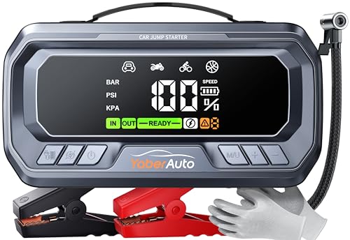 YaberAuto Starthilfe Powerbank mit Kompressor, 160PSI 8000A Auto Starthilfe, PD 65W Starthilfe Powerbank für All Benzin und 12.0L Dieselmotor, Starthilfe mit 600 Lumen Notlicht und 3.3" LCD Bildschirm