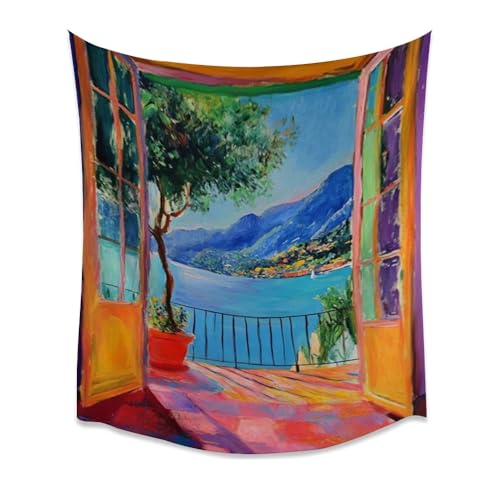 Oil Painting Style Wall Tapestry Colorful Window Mountain Lake Potted