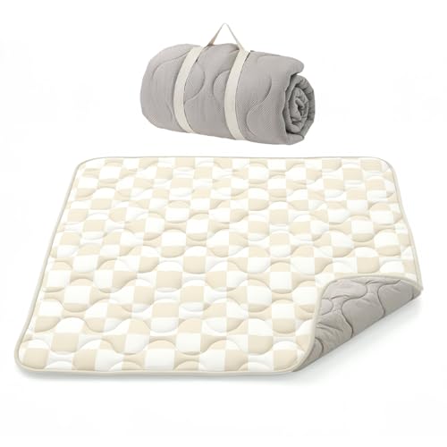 Image of Momcozy Baby Play Mat for Floor, 50x50 Thickened Playpen Mat, Playmate for Baby Tummy Time, Waterproof & Non-Slip, Foldable Outdoor Mat with Carrying Handle, Khaki Plaid
