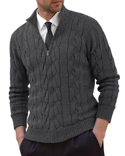 NITAGUT Mens Full Zip Up Cardigan Sweater Casual Stand Collar Cable Knit Winter Sweaters