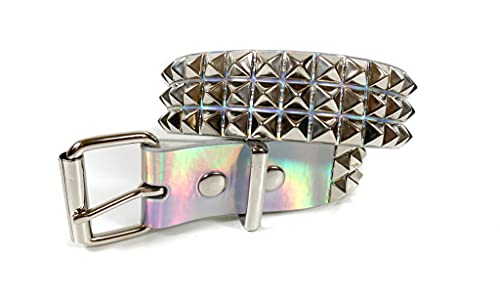Silver Rainbow Holographic Three Row Black Pyramid Stud Rave Studded Belt Vegan Punk Goth4