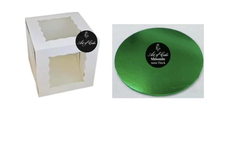 Art of cakeยฎ Masonite Cake Board (5mm) and 2 Sided Window Tall Cake Box (Green, 12")