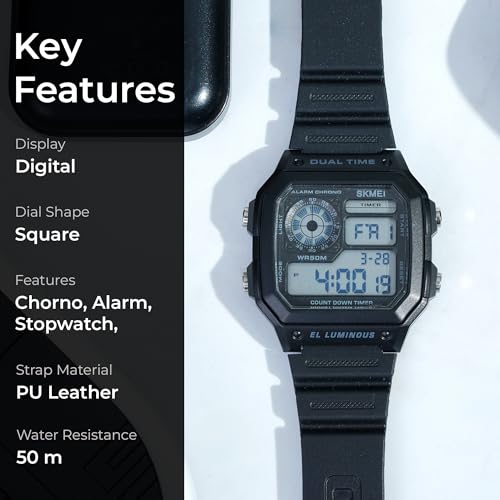 Skmei Wrist Watch for Men, Digital Sports Waterproof Watch with Dual Time Chronograph Countdown Alarm Backlight
