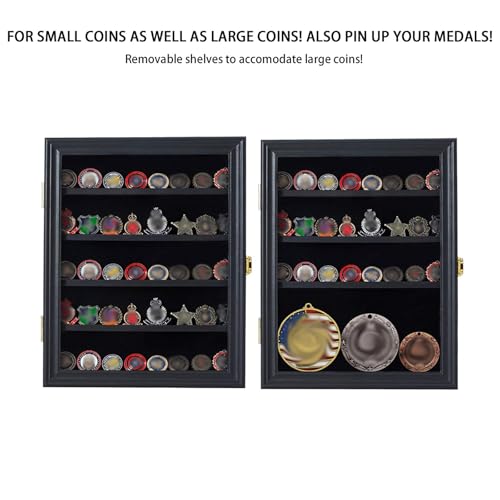 Image of Jinchuan Military Challenge Coin Display Case Lockable Cabinet Rack Holder Shadow Box with Removable 2 Grooves Shelves and Anti Dust Door for Casino Poker Chips Collectibles, Small - Black