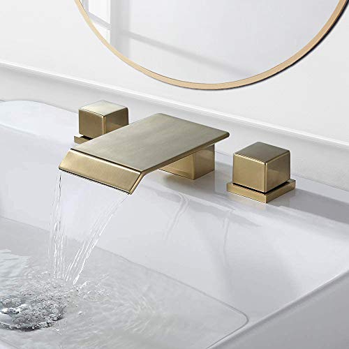 Pasutewel 3 Hole Double Square Handles Waterfall Bathroom Sink Faucet, Suitable for 8 Inches Widespread Basins Faucets, Solid Brass Valve (Brushed Gold)