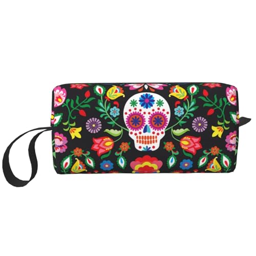 JKJOJIA Mexican Skull Skeleton Floral Makeup Bag Organizer Small Cosmetic Bags Portable Travel Toiletry Bag With Handle Simple Accessories Storage Zipper Pouch For Women Girl