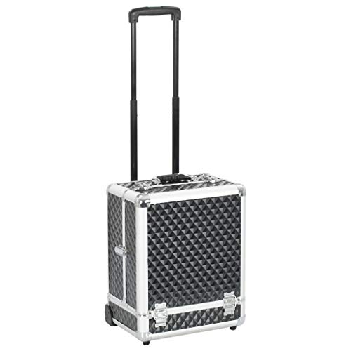 UnfadeMemory Kosmetik-Trolley Kosmetikkoffer mit 6 Ausziehbaren Ablagen Schminkkoffer aus Aluminium, ABS-Blech und Holz 35 x 29 x 45 cm, mit 2 Abnehmbare Rollen (Schwarz) Cover