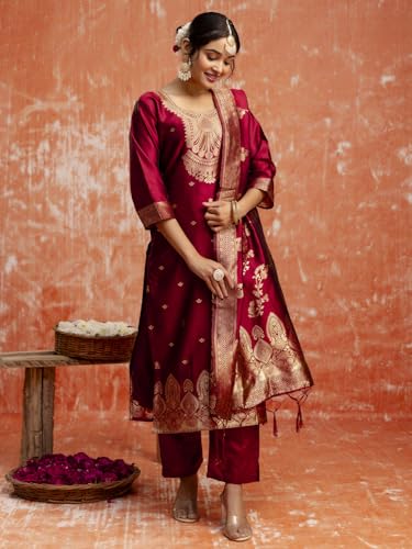 Image of VredeVogel Women's Cotton Silk Blend Zari Work Kurta Pant Set with Jacquard Silk Dupatta | Modern & Traditional Blend Ethnic Wear Set
