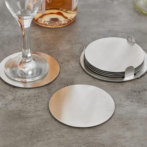 Image of Giftana Round Coaster Set for Home and Office, Non-Slip Drink Coasters for Dinning Table, Bar -Matt Finish- Steel Coasters with Stand for Tea Cups,Coffee Mugs,Glasses (Set of 6 Pieces) (Silver)