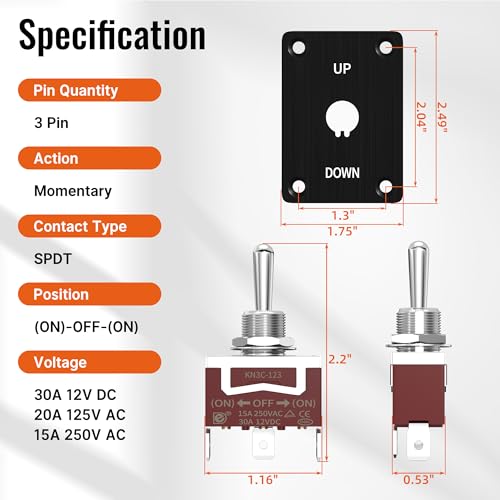 Image of RVBOATPAT Momentary Toggle Switch 12V 30A, 3 Pin SPDT (ON)-Off-(ON) Waterproof Toggle Switch with Up Down Mounting Panel for Marine Boat Auto Winch