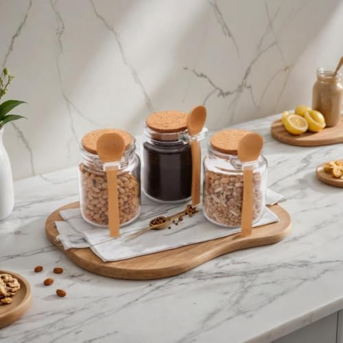 Image of STORE 2508 3 Airtight Glass Spice Jars with Lids and Wooden Spoons | Transparent 200 ml condiment canisters for salt, pepper and chilli flakes; compact storage for kitchen counters.