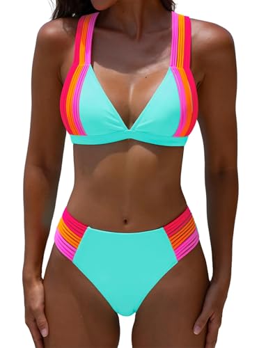 Womens High Waisted Bikini Set Two Piece Color Block Swimsuit Neon Triangle Bathing Suit with Criss Cross Tie Back