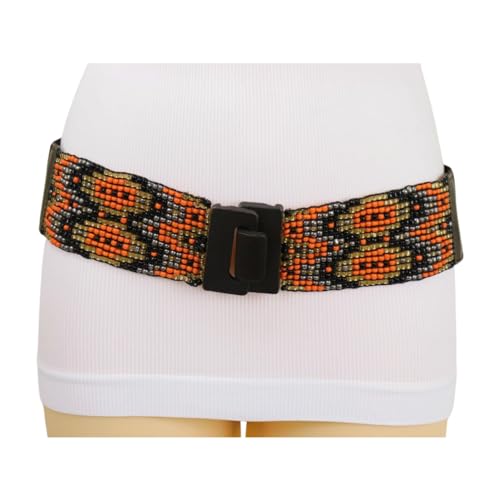 Women Elastic Beads Band Fashion Belt Hip High Waist Wood Buckle Ethnic S M2