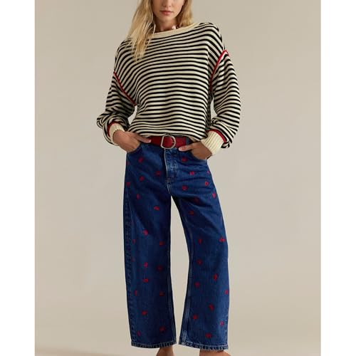 Hixiaohe Oversized Sweaters for Women Striped Cute Knit Sweater Long Sleeve Crew Neck Pullover Tops Trendy Loose Fit Clothes4