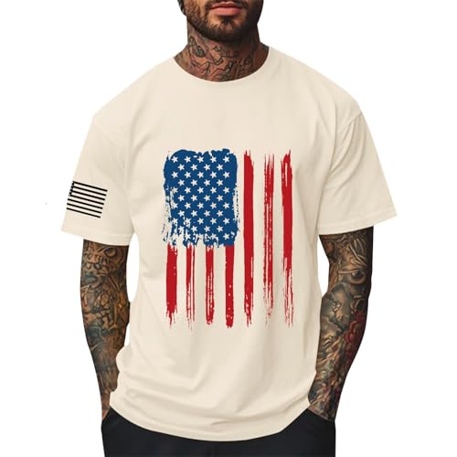 Camisetas para hombre de la bandera de Estados Unidos, estrellas y rayas, ropa de calle, algodón, estampada, camiseta deportiva Happy 4th of July Independence Day Camiseta Regalo Mujer & Hombre, beige