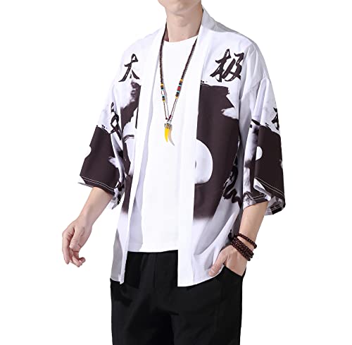 Image of PRIJOUHE Men's Lightweight Kimono Jacket Seven Sleeve Open Front Cardigan Coat Japanese Style Bathrobe