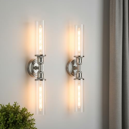 Image of Ken & Ricky Hardwired Modern 24 inch Wall Sconces Set of Two, Nickel | Clear Glass,Easy Install,Sconces Decor,2PK,Wall Light fixtures for Bathroom Mirror Living Room Hallway Bedroom