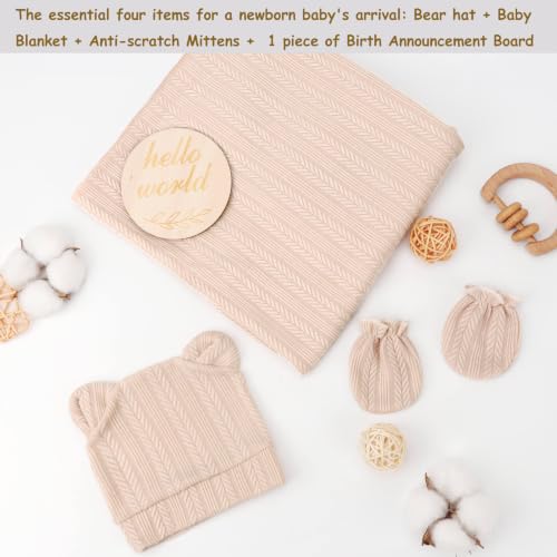 Image of DRESHOW BQUBO Newborn Receiving Blankets for Baby Girl Boy Swaddle with Bear Hat No Scratch Mittens Announcement Card Set for 0-3 Months