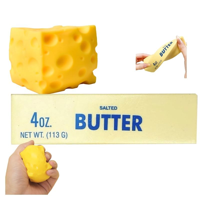 Cheese Squishy, Big Brain Cheese Stress Ball Realistic Design, Anxiety Relief Fidget Toy Sensory Toys For Adults & Kids (Cheese+Butter) — image 1