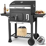 TLSUNNY Barbecue Carbonella con Coperchio, XXL Barbecue a Carbone con Termometro, Ripiani Pieghevoli, 2PCS Ruote, Grande Capacità, Griglia BBQ Carbonella in Giardino e all'aperto, Grigio