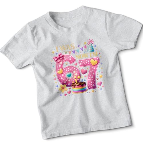Image of Kids Birthday T Shirt Graphic Boys and Girls Tee I was 6 Now I'm 7 Casual Graphic Top 9-11 Years Heather Grey