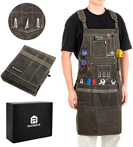 Raynesys Woodworking Apron for Men, Heavy Duty Tool Apron with 13 Pockets and Magnetic Holders, 16oz Waxed Canvas Work Aprons with Adjustable Strap Fit for Size S to XXL