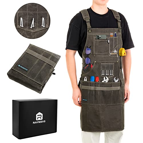 Raynesys Woodworking Apron For Men, Heavy Duty Tool Apron With 13 Pockets And Magnetic Holders, 16Oz Waxed Canvas Work Aprons With Adjustable Strap Fit For Size S To Xxl #TOP16