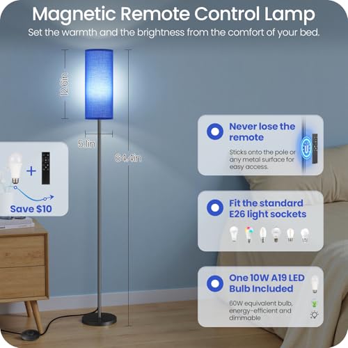 Image of Dimmable Blue Floor Lamp for Living Room with Remote and Foot Switch, Corner Floor Lamp for Bedroom, 64.4 inch Standing Tall Lamp, 10W 900LM Bulb Included, 3000K-6500K, Linen Shade, FCC Listed U06LD05W1