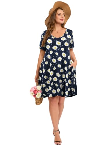 Image of ZENNILO Women's Plus Size Swing Dress with Pockets Casual Summer Dresses V Neck Short Sleeve T Shirt Dress for Women