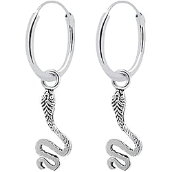 ENTREPLATA Pendientes Aros de Plata de Ley 925 con Colgante de Cobra para Mujer Niña Hombre Niño Unisex. Aretes Criollas Serpiente
