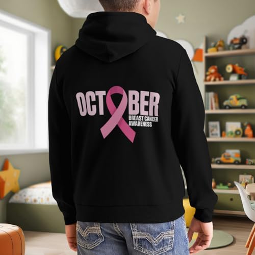 Kids Breast Cancer Awareness Month Pink Ribbon Boys Girls Lightweight Kangaroo Pocket Fleece Hoodies 7