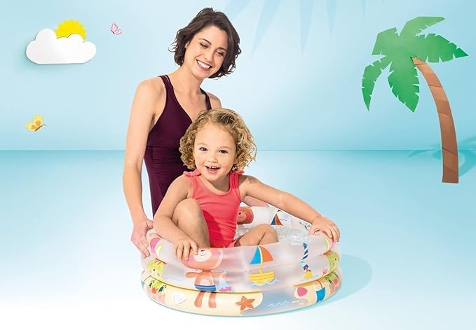 Image of MiniExplorer Dino Buddies 3-Ring Inflatable Kiddie Pool - Baby Swimming & Beach Pool for Kids | Multicolor Water Play Tub for Toddlers | Compact, Durable & Easy to Inflate | Indoor & Outdoor Use