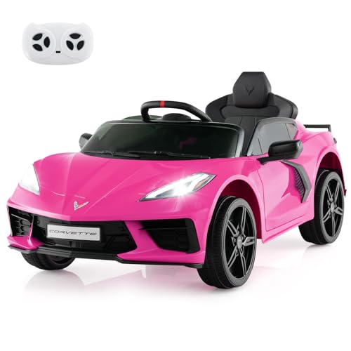 Costzon Ride On Car, Licensed Chevrolet Corvette C8 Kids' Electric Vehicles w/Remote Control, Wireless Connection, Lights, Horn, Music, 4-Wheel Spring Suspension, Kids Car for Boys Girls Aged 3+(Pink)
