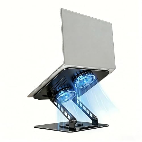 Attoe Laptop Stand with Cooling Fan, 360° Rotating Base Aluminum Laptop Riser, Foldable Ergonomic Computer Stand for Desk, Height Adjustable Notebook & All Laptops Up to 17.3" (Black)