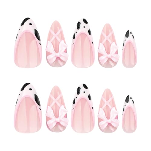 Image of Secret Lives Almond Press-On Nails - French-Style Cow Print & Pink Sweet Bow Nail Art - Cute Kawaii Almond False Nails