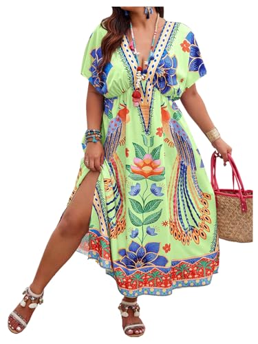 Image of Floerns Women's Plus Size Tribal Print Dolman Sleeve Slit Summer Maxi A Line Dress